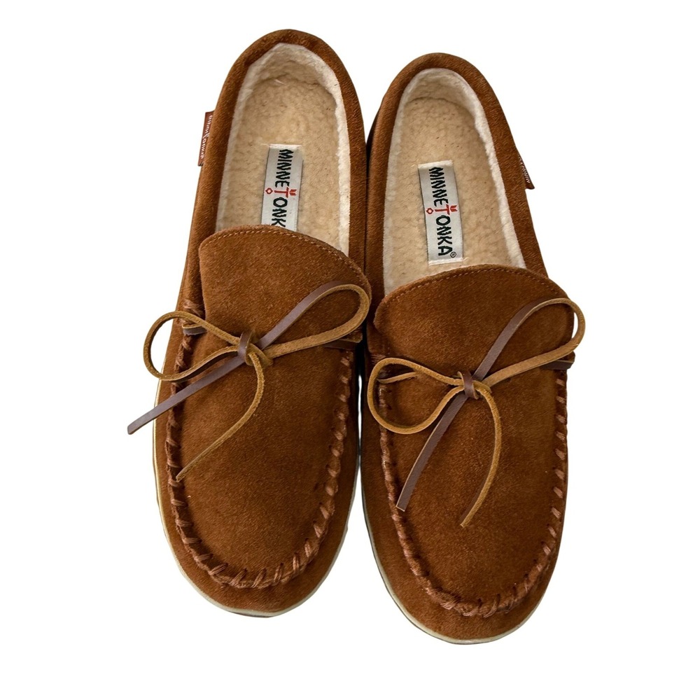 Minnetonka Taft Mens Brown Suede Faux Fur‎ Lined Moccasin Slippers 41032 10M New
